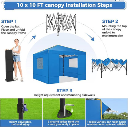 COBIZI Canopy Tent, 10x10 Pop Up Canopy Tent with Sidewalls and Roll-up Ventilated Windows with Mosquito net, Ez Outdoor Commercial Instant Gazebo Tent for Party Waterproof with Carrybag