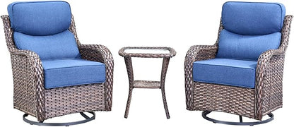 HUMMUH Outdoor Patio Wicker Swivel Rocker Chairs with 6-Inch Thick Cushion High Back 3 PCS Wicker Conversation Set for Porch Balcony Deck