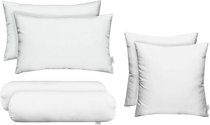 RSH DECOR: 6-Pack Pillow Set | All-Weather Spun Fabric | Water & Fade-Resistant | 17" Square, 20" x 12" Lumbar, 20" x 6" Neck Roll | Outdoor Pillows for Patio Furniture | White