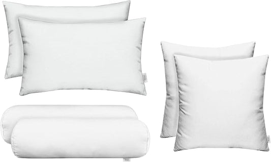 RSH DECOR: 6-Pack Pillow Set | All-Weather Spun Fabric | Water & Fade-Resistant | 17" Square, 20" x 12" Lumbar, 20" x 6" Neck Roll | Outdoor Pillows for Patio Furniture | White