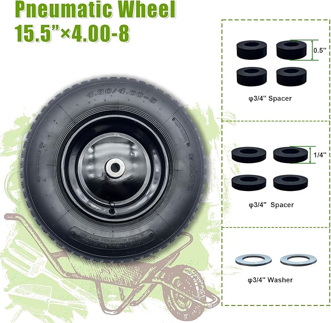 2-Pack 4.80/4.00-8" Pneumatic Wheelbarrow Wheel and Tires with 3"- 6" Center Hub and 3/4" Bushings for Wheelbarrow and Yard Cart Garden Wagon, Black