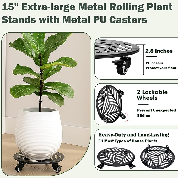 2 Pack 15 inches Extra-Large Metal Plant Caddy with Wheels Heavy-Duty Iron Rolling Plant Stand with Casters Indoor Outdoor Wheeled Plant Roller Base Pot Movers Plant Dolly Coaster Trolley Black