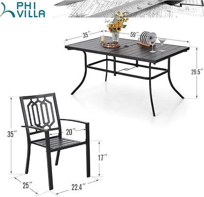 PHI VILLA Outdoor Dining Set 7 Pcs 1 Metal Dining Table and 6 Outdoor Dining Chairs Metal Patio Bistro Stackable Chairs, Black for Outdoor Backyard Bistro Furniture Set