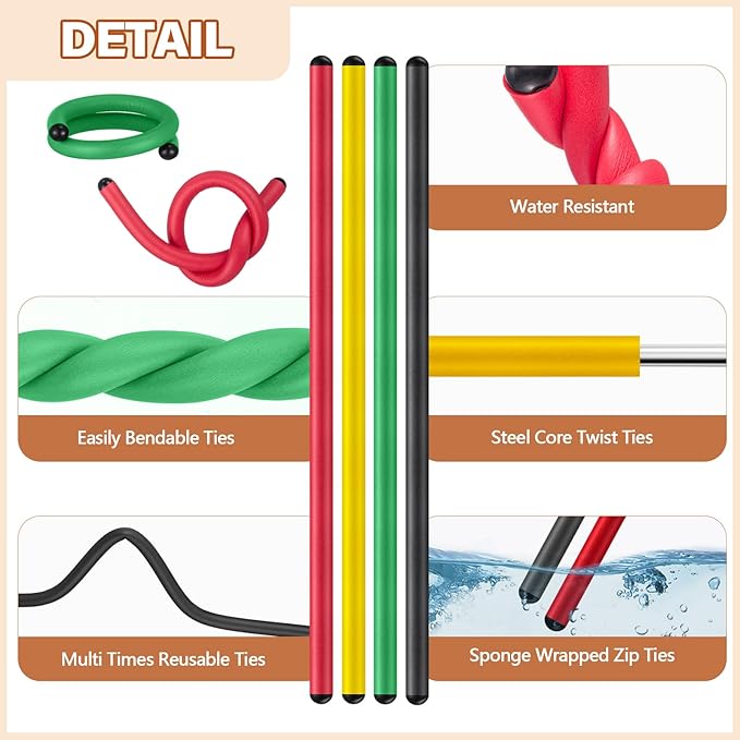 20 Pcs 17 Inch EVA Foam Twist Rubber Ties Reusable Bendable Cable Tie Straps Flexible Heavy Duty Twisty Ties for Organizing Cords Bundling (Red,Yellow,Green,Black)