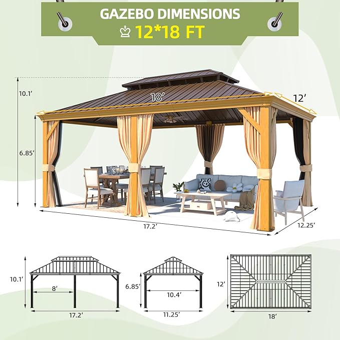 EROMMY 12'x18' Hardtop Gazebo, Galvanized Steel Double Roof with Wood Grain Aluminum Frame, Outdoor Permanent Metal Pavilion with Curtains and Nettings for Patio, Backyard and Deck