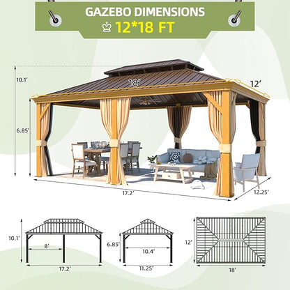 EROMMY 12'x18' Hardtop Gazebo, Galvanized Steel Double Roof with Wood Grain Aluminum Frame, Outdoor Permanent Metal Pavilion with Curtains and Nettings for Patio, Backyard and Deck