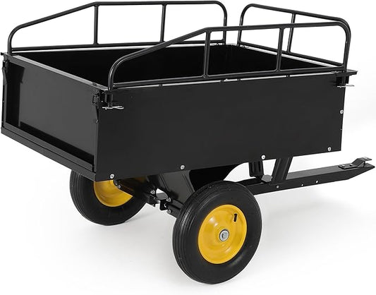 Garvee Heavy Duty Tow Behind ATV Trailer Steel Dump Cart 500 LB, 10-Cubic Feet Capacity Garden Utility Trailer with Removable Tailgate for Riding Lawn Mower Tractor