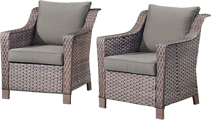 Outdoor Wicker Patio Chairs Set of 2 - Heavy Duty Outside Modern PE Rattan Lawn Chair for Front Porch Balcony Backyard Yard Deck Poolside Apartment – Brown/Grey