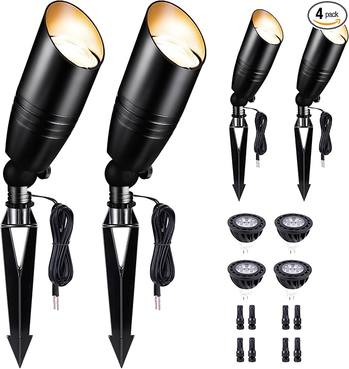 Low Voltage Spotlight, Black LED Landscape Lighting Tree Light, Outdoor 12V Waterproof Aluminum Uplight for Tree Yard Garden with 5W MR16 Bulb 4000K 4 Pack