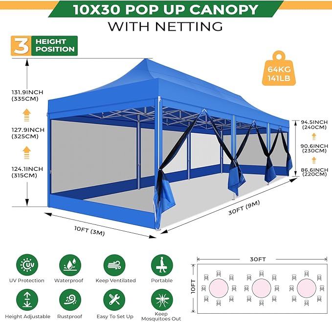 COBIZI 10x30 Heavy Duty Pop Up Canopy with 8 Mosquito Netting Wall, Easy Set Up Commercial Gazebo Party Tent, Outdoor Instant Screen Canopy for Backyard, Patio, Garden, Dark Blue