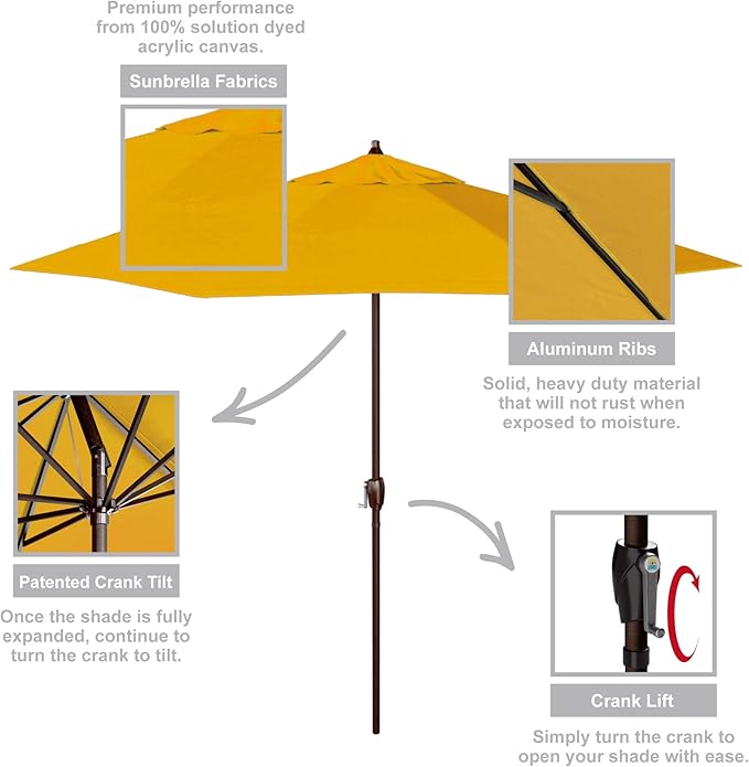 California Umbrella 9' Rd Sunbrella Aluminum Patio Umbrella, Crank Lift, Auto Tilt, Bronze Pole, Sunflower Yellow