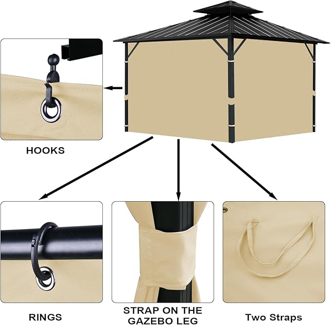 Gazebo Universal Replacement Privacy Curtain, 12'X12' Gazebo Curtains Outdoor Waterproof, 4-Panels Sidewall with Zipper for Patio, Garden and Backyard (Only Curtains, 12'X12', Khaki)