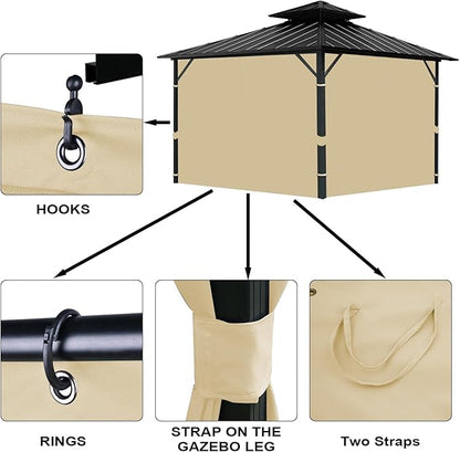 Gazebo Universal Replacement Privacy Curtain, 12'X12' Gazebo Curtains Outdoor Waterproof, 4-Panels Sidewall with Zipper for Patio, Garden and Backyard (Only Curtains, 12'X12', Khaki)