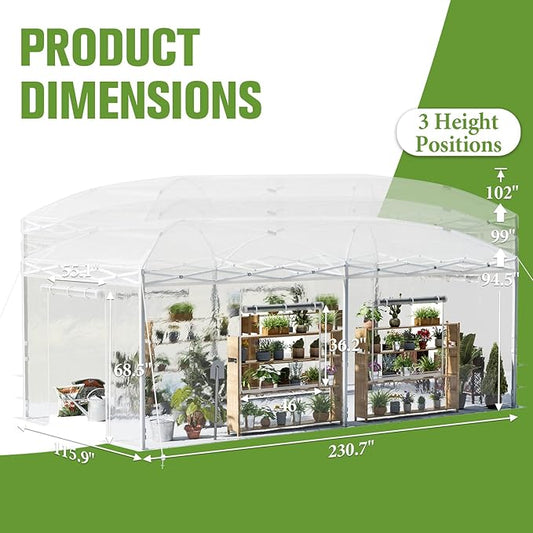 AMERLIFE 19.2×10×8.5 FT Pop-up Greenhouses for Outdoors Indoor with Adjustable Durable Frame, Portable Walk in Greenhouse with 2 Roll-up Zipper Doors, Windows and PE Cover, White