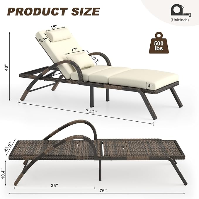 MEISSALIVVE Outdoor Lounge Chairs Set of 4, Patio Chaise Loungers with Adjustable 5-Position & Leg Support, PE Rattan Chaise Lounge, Wicker Pool Recliners Chair for Backyard, Porch, Deck, （Brown