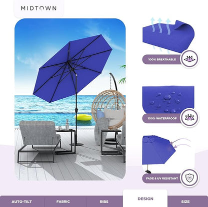 Midtown Umbrellas 10-Year-No-Fade - 9 Ft - UV Proof Midnight Blue Polyester Fabric - Umbrella Outdoor Patio, Auto-Tilt Aluminum Frame Patio Umbrella for Garden, Pool & Deck - Black Pole