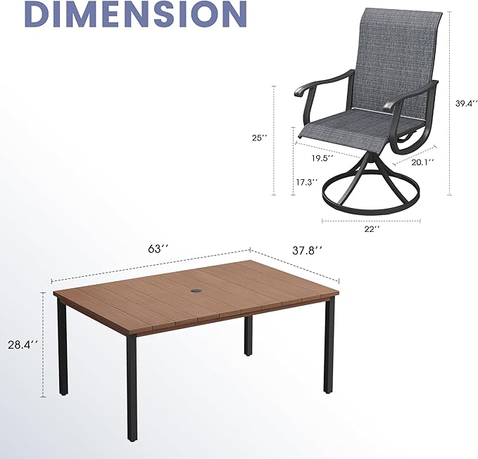 VICLLAX 7 Pieces Outdoor Dining Set, Patio Furniture Set of 6 Patio Swivel Dining Chairs and Rectangular Patio Table, Dark Charcoal Chairs & Walnut Tabletop