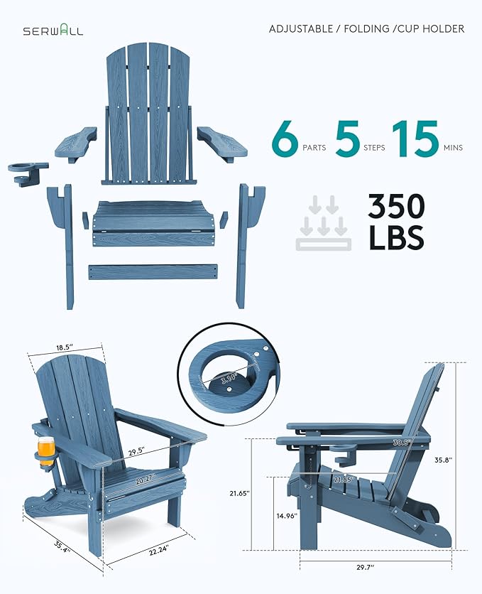 SERWALL Folding Adirondack Chair Set of 6, Adjustable Adirondack Chair with 3 Recline Positions, All Weather HDPE Outdoor Adirondack with Cup Holders, Blue