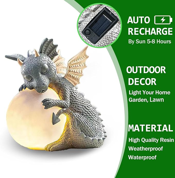8.6" Solar Dragon Garden Statue, LED Figurine Light, Resin Outdoor Sculpture, Solar Powered Yard Art, Night Garden Light, Solar Landscape Path Light Ornament, Lawn Solar Lighting Figurine Art