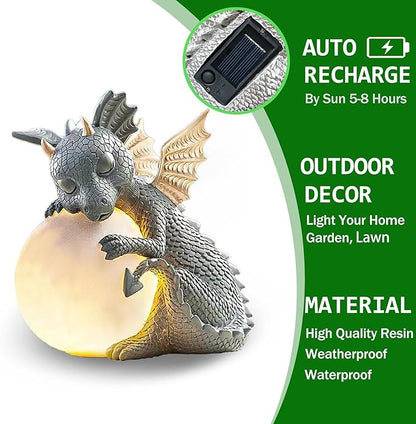 8.6" Solar Dragon Garden Statue, LED Figurine Light, Resin Outdoor Sculpture, Solar Powered Yard Art, Night Garden Light, Solar Landscape Path Light Ornament, Lawn Solar Lighting Figurine Art