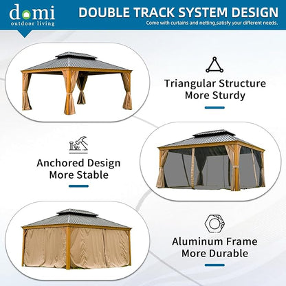 Domi Outdoor Living 12’x14’ Hardtop Gazebo, Wooden Coated Aluminum Frame Canopy with Galvanized Steel Double Roof, Outdoor Permanent Metal Pavilion with Curtains and Netting for Patio, Deck and Lawn