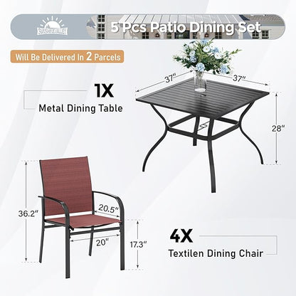 5 Piece Patio Dining Set for 4, 37”Square Table with Umbrella Hole, 4 x Metal Red Chairs, Outdoor Table and Chairs for Lawn and Deck