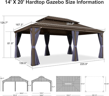 PURPLE LEAF 14' X 20' Outdoor Hardtop Gazebo Patio Wide Aluminum Frame Metal Double Roof with Heavy Duty Netting and Curtains for Permanent Hard Top Pavilion Screen, Navy Blue