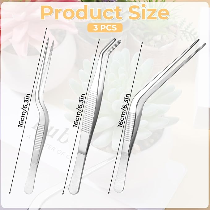 Garden Tweezers, 3 Pcs Stainless Steel Plant Tweezer Set Straight and Curved Precision Tweezers Multipurpose Bonsai Tools for Garden, Kitchen, Indoors and Outdoors (6.22Inch / 6.3Inch / 6.4Inch)