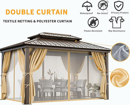 HOTEEL 10x12 Hardtop Gazebo with Heavy Duty Galvanized Steel Double Roof, Aluminum Frame, Flame-Resistant Curtains and Netting, Outdoor Permanent Pavillon for Backyard, Brown (2025 Upgraded)