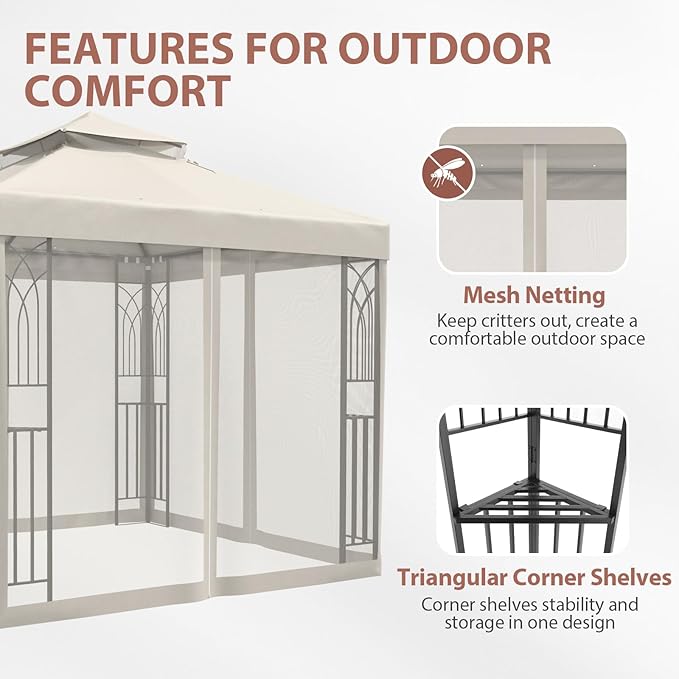 EAGLE PEAK 8x8 Patio Gazebo with Mesh Netting, Double Roof Outdoor Pavilion with Corner Shelves for Lawn, Deck, Garden and Backyard, Beige