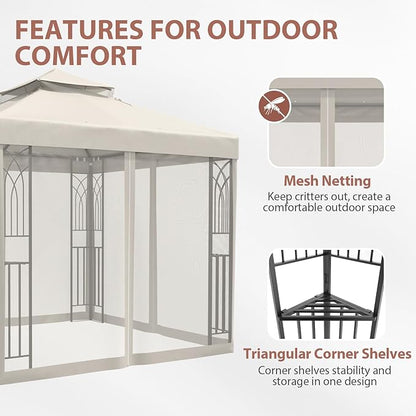 EAGLE PEAK 8x8 Patio Gazebo with Mesh Netting, Double Roof Outdoor Pavilion with Corner Shelves for Lawn, Deck, Garden and Backyard, Beige
