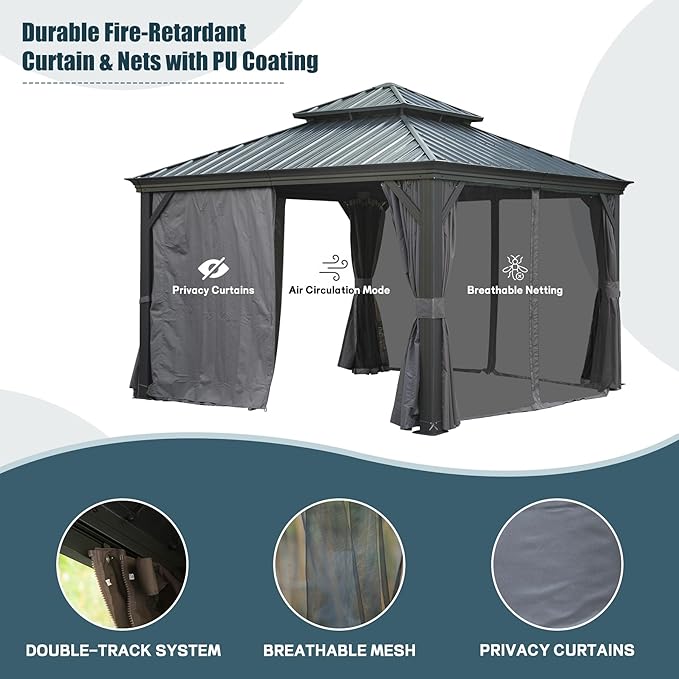 Domi 12' X 12' Hardtop Gazebo Outdoor Metal Gazebo with Galvanized Steel Double Roof Canopy, Aluminum Frame, Curtains and Netting for Patio, Deck, Garden, Grey