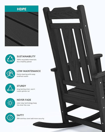 SERWALL Outdoor Rocking Chair, All Weather Patio Rocking Chair, HDPE Poly Rocking Chair for Adults, Heavy Duty Front Porch Rocker, Black