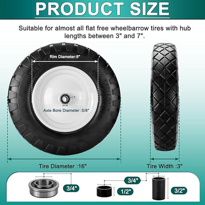 4.80/4.00-8 Flat Free Tire and Wheel- 16" Flat-Free Solid Wheelbarrow Tires with 5/8" & 3/4" Bearings, 3"-7" Centered Hub by Cenipar Universal Fit for Wheelbarrow,Hand Truck,Garden Trailer,Trolley