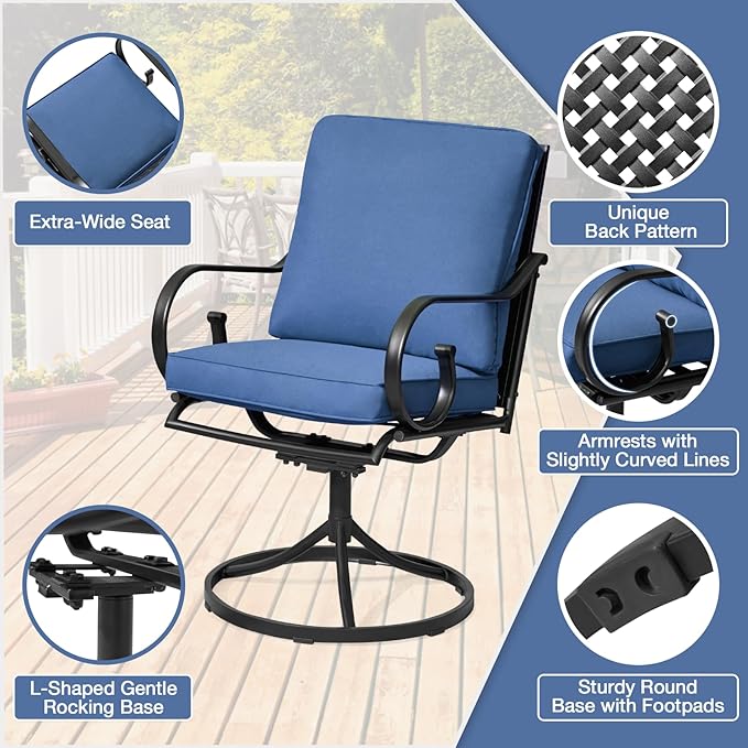 MELLCOM Patio Swivel Chair Set of 2, Outdoor Dining Chairs with Thickened Cushions, Metal Patio Chairs Gentle Rocker for Outside, Garden Lawn & Porch, Blue