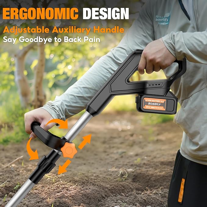 Upgraded Cordless Tiller for Gardening with 8.0Ah (2×4.0Ah Batteries), 48 Steel Tines Battery Rototiller, 9" Width 6.6" Depth Garden Tiller Cultivator for Soil, Tending & Composting (Orange)