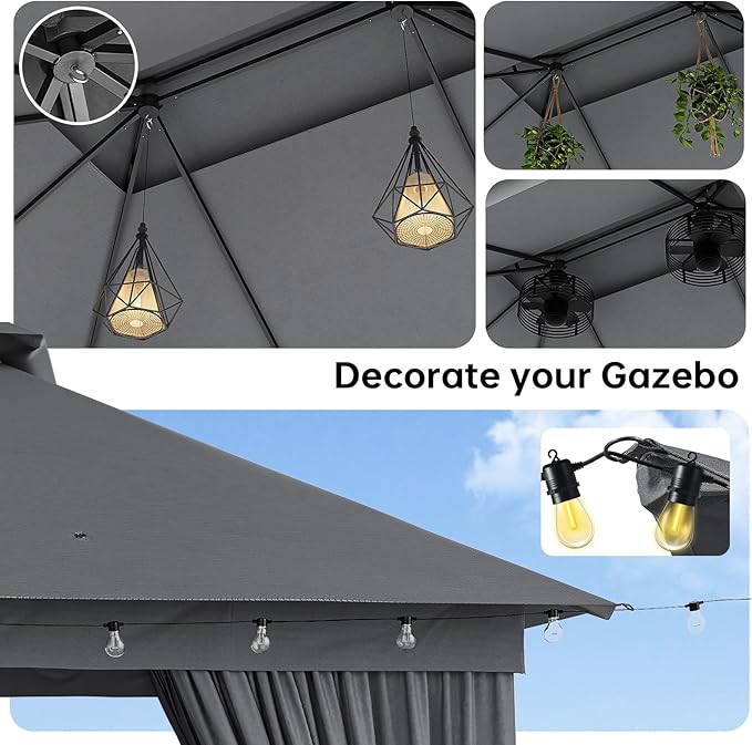 Outdoor Gazebo Metal Frame Patio Pergola Double Roofs Patio Canopy with Double-Layer Door and Mosquito Netting for Deck, Backyard, Lawn (Grey, 10x13FT)