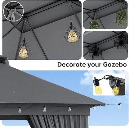 Outdoor Gazebo Metal Frame Patio Pergola Double Roofs Patio Canopy with Double-Layer Door and Mosquito Netting for Deck, Backyard, Lawn (Grey, 10x13FT)