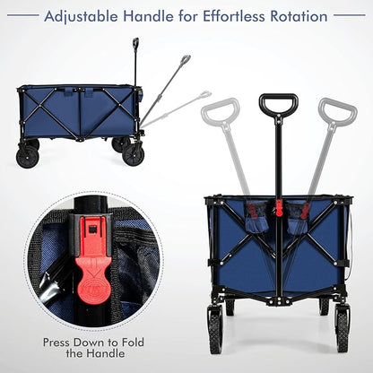 Goplus Collapsible Wagon, Folding Utility Wagon Cart w/Universal Wheels & Adjustable Handle & Cover Bag, Grocery Wagon for Garden Shopping Camping (Navy)