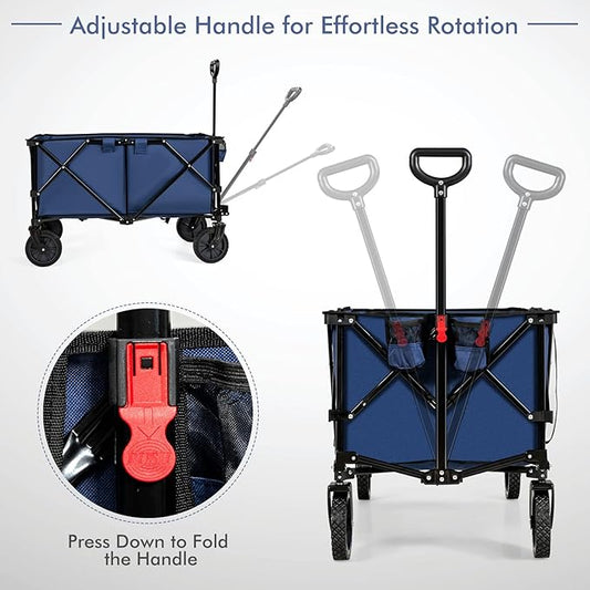 Goplus Collapsible Wagon, Folding Utility Wagon Cart w/Universal Wheels & Adjustable Handle & Cover Bag, Grocery Wagon for Garden Shopping Camping (Navy)