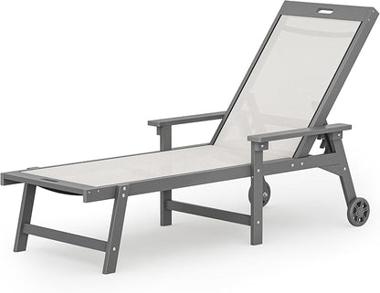 LUE BONA Chaise Lounge Chair Outdoor, HDPS and HDPE Wicker Chaise Lounger with 5 Positions, Pool Lounge Chairs with Wheels and Adjustable Backrest for Patio, Poolside, Deck, Backyard