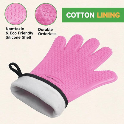 GEEKHOM BBQ Gloves Heat Resistant Oven Mitts - Silicone Grilling Gloves with 13.7" Arm Protection - Waterproof Pot Holder Non-Slip for Men & Women, Kitchen Outdoor Cooking, Baking, Camping, Pink