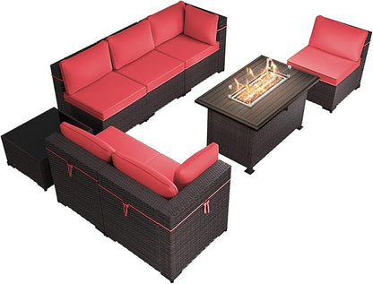 Outdoor Patio Furniture Sets with Propane Fire Pit Table, 8 Pieces Outdoor Furniture Patio Sectional Sofa Conversation Sets w/ETL Approved 43" Gas Outdoor Fire Table & Coffee Table (Red)