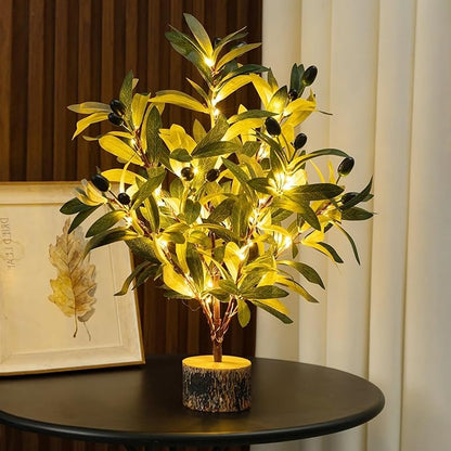 Lighted Tabletop Olive Tree, Artificial Greenery Tree Indoor 19IN 49 Warm White Led with Timer, Battery Operated for Spring Summer Home Office Decorations