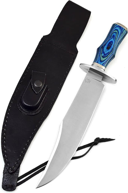 Survival Hunting Knife with Sheath, Handmade 15-inch Full Tang D2 Fixed Blade Tactical Bowie Knife for Camping, Outdoor, Bushcraft with Solid Engineered Wood Handle,Gift for BF/MEN (Blue)