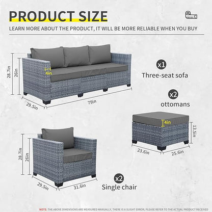 Patio Furniture Set, 5-Piece Outdoor Wicker Conversation Set with All-Weather PE Rattan, Anti-Slip Cushions & Ottomans, Sectional Sofa for Patio, Balcony & Deck, Grey