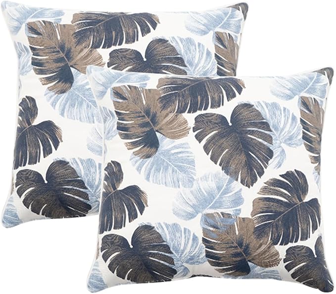 2 Pack Outdoor Throw Pillows 26x26 Inch Water-Resistant Decorative Pillow Cushions with Insert for Patio Garden Porch, Blue Leaves