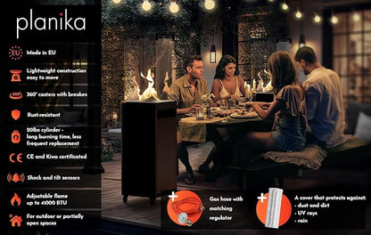 Planika Faro Propane Patio Heater 59" 32,000 BTU Modern Freestanding Glass Tower with Wheels, Smokeless 360° Flame, Cover & Regulator Included for Commercial & Residencial Outdoor Spaces