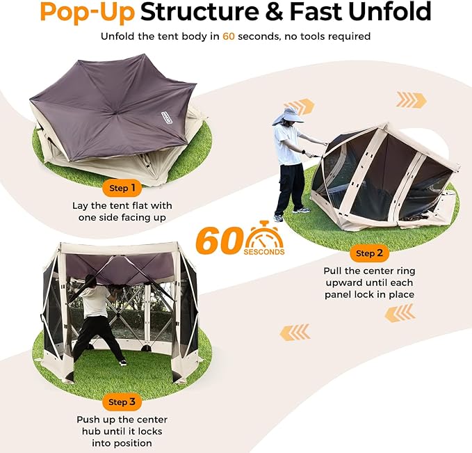 Tecoom 6-Sided Pop Up Gazebo Tent, Screen House with Mosquito Netting Canopy for Camping, 10x10ft Portable Sun Shelter Removable Siedwalls for Outdoor, Garden, Activities, Khaki