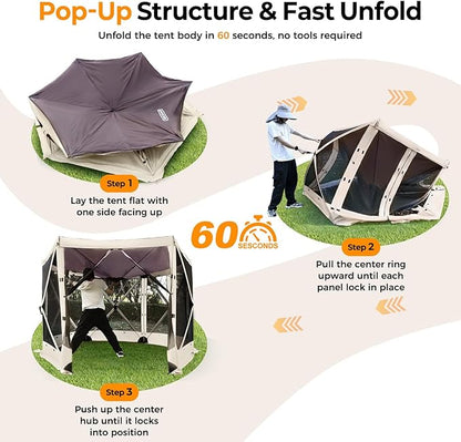 Tecoom 6-Sided Pop Up Gazebo Tent, Screen House with Mosquito Netting Canopy for Camping, 10x10ft Portable Sun Shelter Removable Siedwalls for Outdoor, Garden, Activities, Khaki